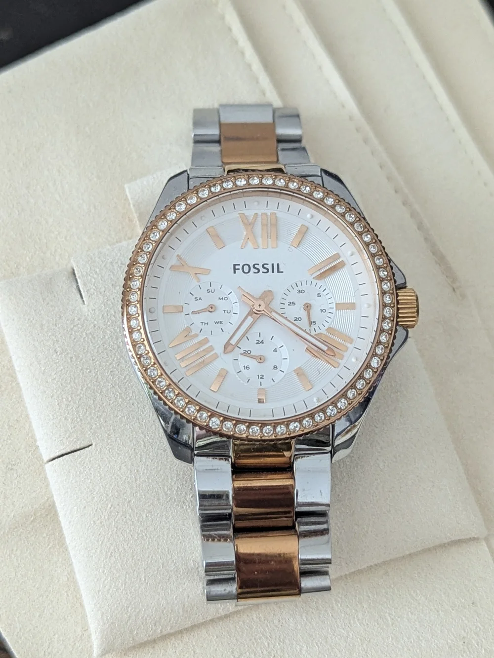 Fossil Women's Two-Tone Rose Gold and Silver Crystal Bezel Watch (Needs Battery)